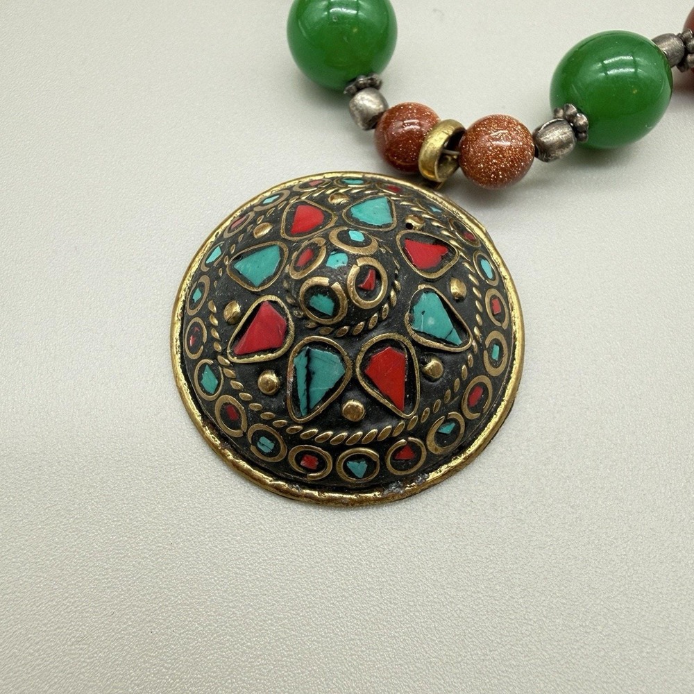 Tibetan Inlay Dome Pendant Necklace Boho Mixed Glass/Semi Precious Beads & Stone - Picture 9 of 16
